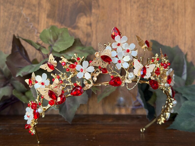 Red & Gold Butterfly Tiara: Quinceañera Enchanted Weddings, Birthday Princess Pageants Crowns, Proms bild 3