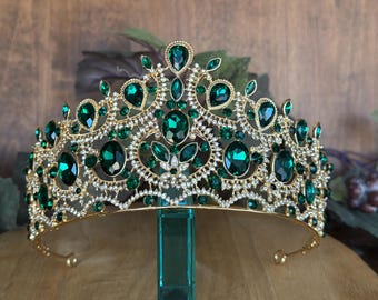 Tall Emerald Green & Gold Tiara: Quinceanera, Wedding, Birthday, Coronas para Quinceañera, Prom, Lightweight