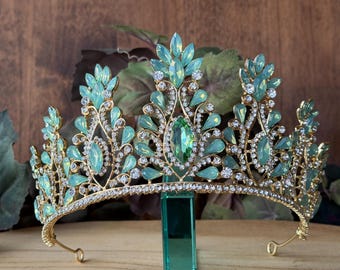 light Green & Gold Tall Tiara Quinceanera, Wedding, Birthday, Coronas para Quinceañera, Prom, Lightweight