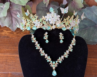 Light green, & Gold Butterfly Tiara Set: Quinceañera Enchanted Weddings, Birthday Princess Pageants