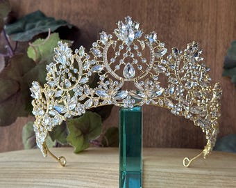 Crystal & Gold Tiara for Quinceañera, Birthday Princess Pageants, Wedding, Royal Coronations, Proms