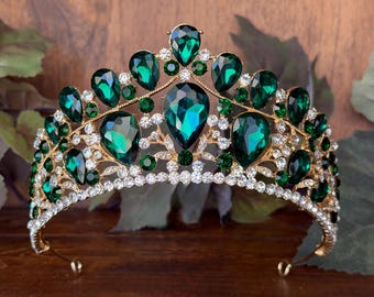 Large Green & Gold Tiara for Quinceañera Birthday Princess Pageant Wedding Royal Celebrations