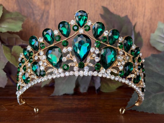 Large Green & Gold Tiara for Quinceañera Birthday Princess  display picture 1