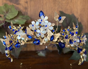 Blue & Gold Butterfly Tiara:  Quinceañera Enchanted Weddings, Birthday Princess Pageants Crowns, Proms