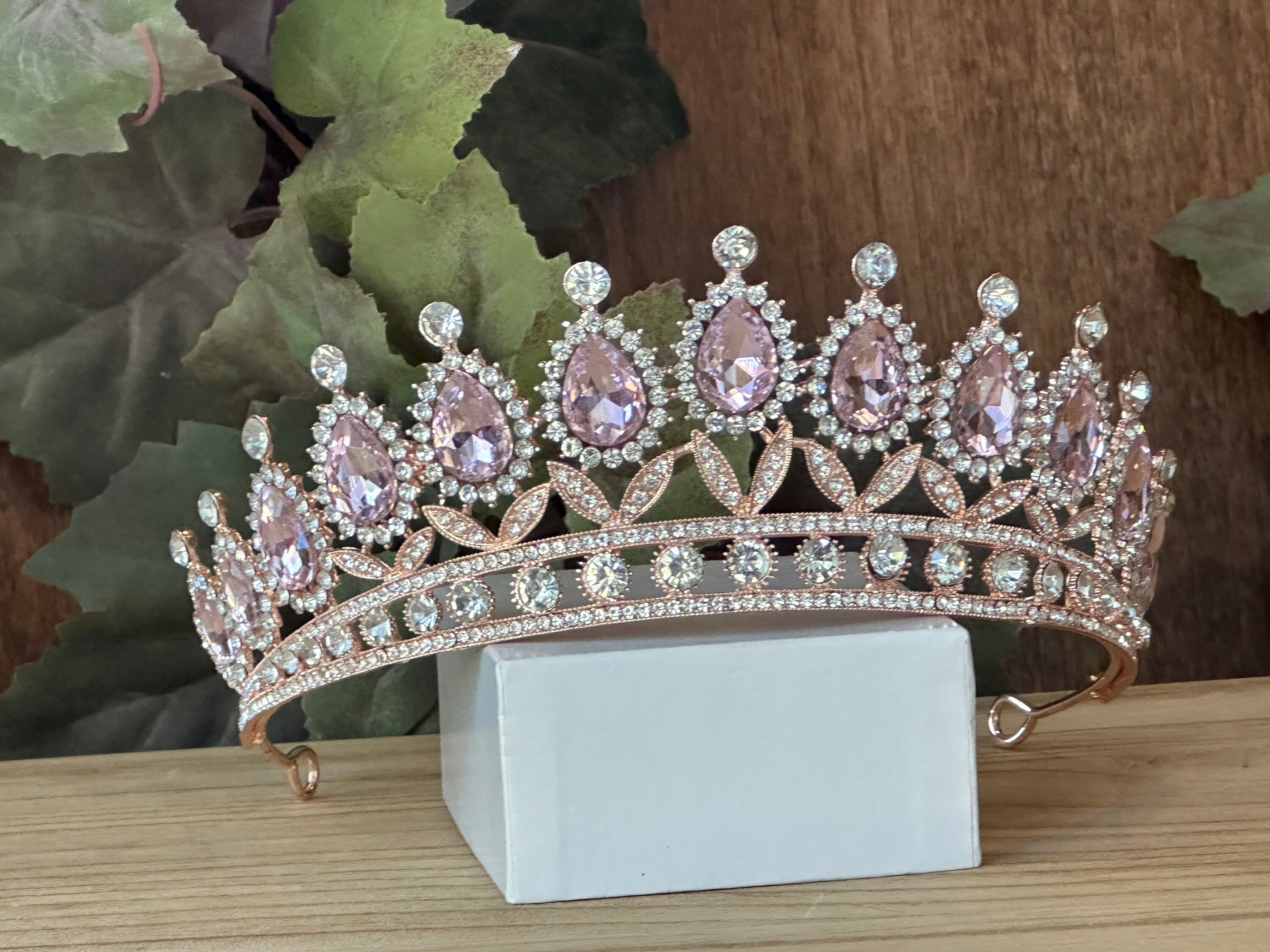 Elegant Gold and Pink Crystals Tiara Crown , Bridal, Quinceañera, Prom, Pageant Continental Rhinestone Gold Pink Crown tiara – CrownDesigners main image 3