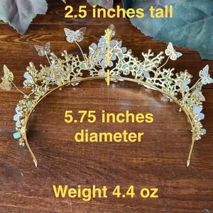 The tiara is a semicircular on the back can fit all sizes. The size of the tiara is 2.5 inches tall, 5.75 inches in wide and weight 4.4 oz. Lightweight.