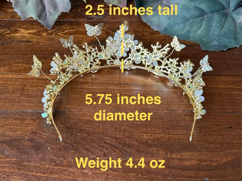 The tiara is a semicircular on the back can fit all sizes. The size of the tiara is 2.5 inches tall, 5.75 inches in wide and weight 4.4 oz. Lightweight.