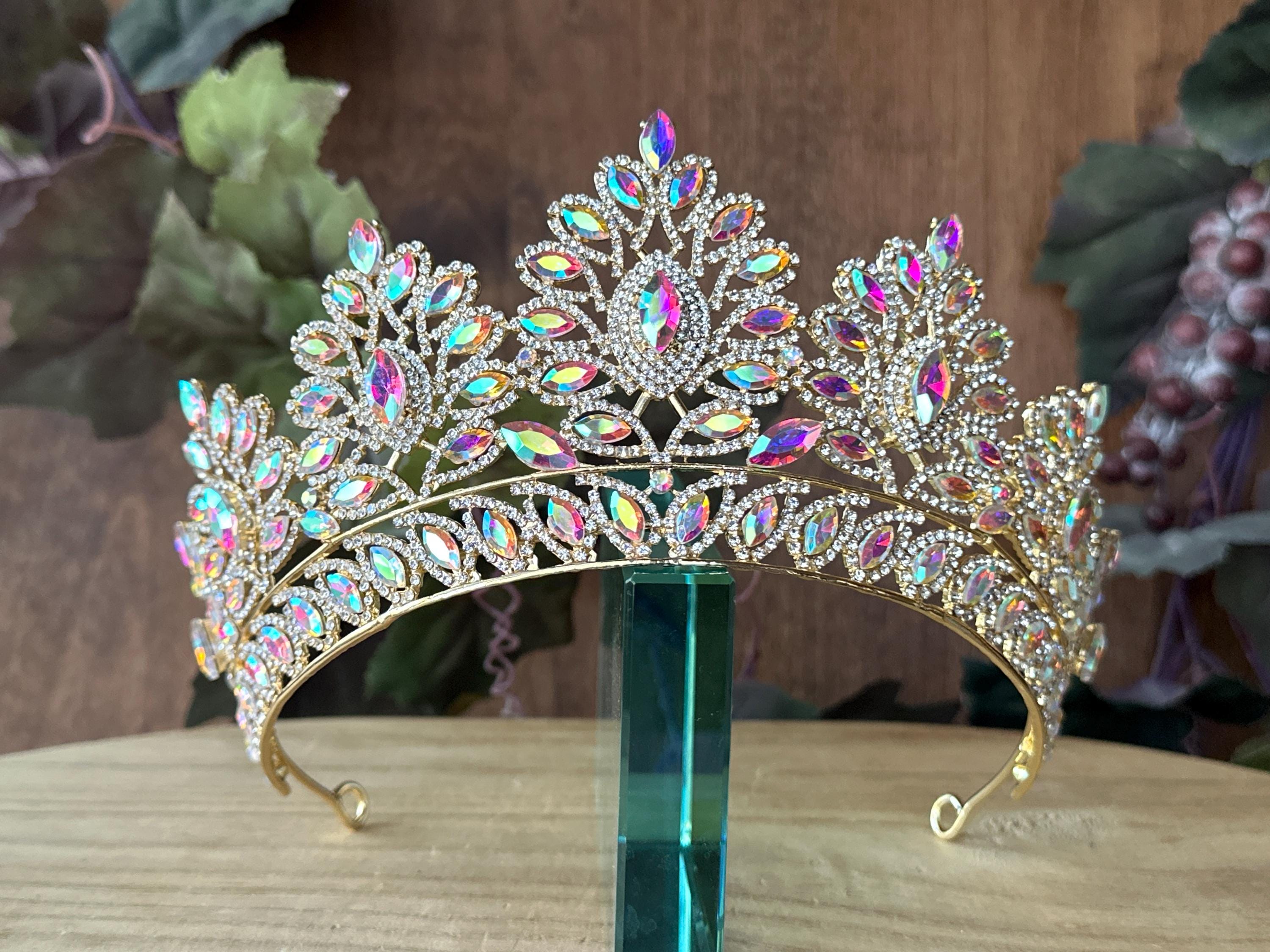 AB Crystal Gold Crystal Tiara Crown - Iridescent Gem  display picture 2