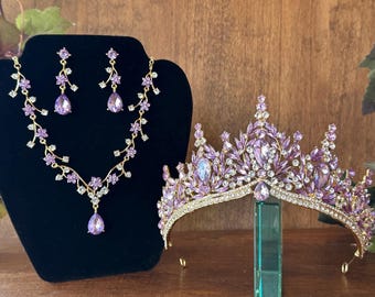 lilac Amathyst Gold Tiara Set: Quinceañera, Elegant Wedding, Formal Gala, Lavander Jewelry