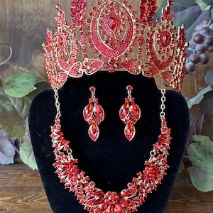 Full Red 3pcs Tiara Necklace & Earrings Quinceañera Tiara Wedding Tiara Birthday Coronas para Quinceañera Elegant Tiaras for Every Occasion