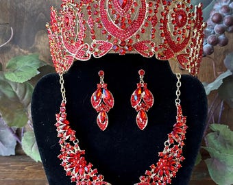 Red & Gold Tiara Necklace Set: Quinceañera, Wedding, Birthday, Ball Party, Pageant Crown
