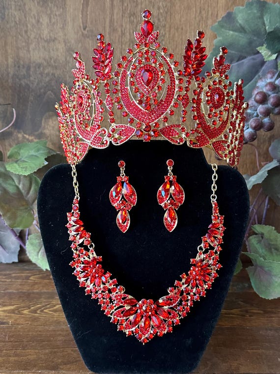 Red & Gold Tall Tiara Necklace Set: Quinceanera, Wedding  display picture 2