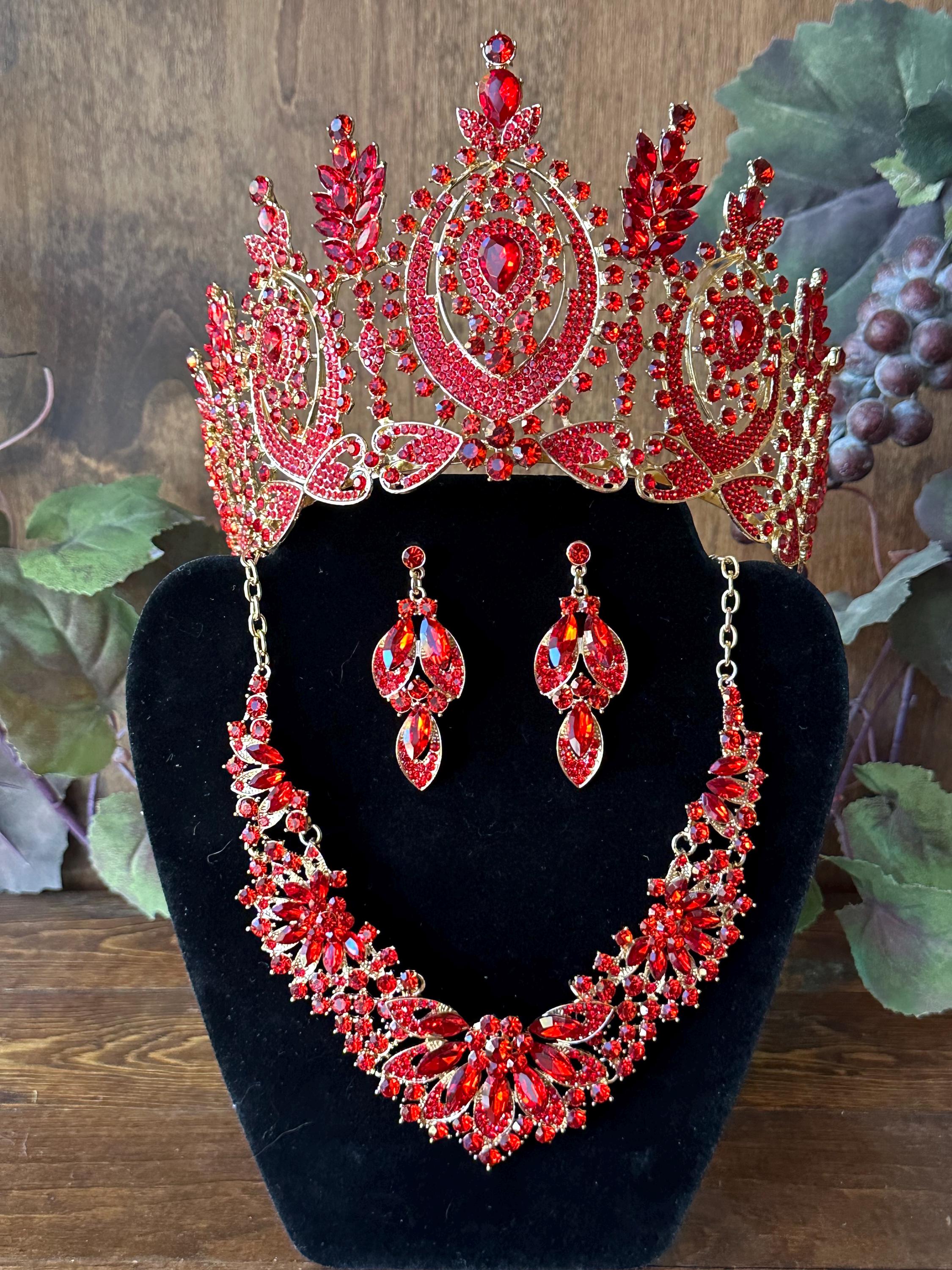 RED CROWN WITH EARRINGS Crown Brass Red Stone Earrings – Diyar Concept Store main image 2