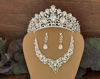Large Crystal & Silver Tiara Set: Quinceañera, Pageant, Princess Birthday, Wedding, Royal Celebrations