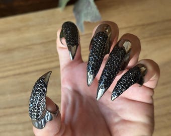 10 Claw Rhinestones Nails, Black or Gold Color, Fantasy Nail Jewelry, Gothic, Punk