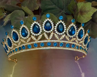 Capri Blue Rhinestones Tiara, Quinceañera, Modern Wedding, Renaissance, Gala and Pageant