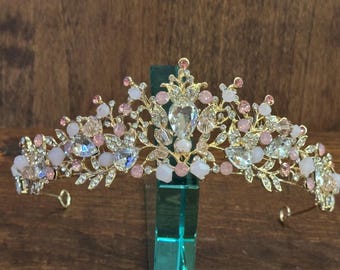 Light Pink & Gold Tiara: Birthday, Wedding, Princess, Renaissance, Boho, Quinceañera, Pageant, Prom