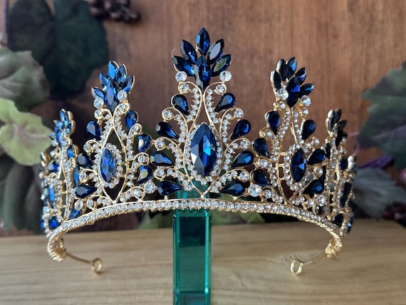 navy dress blue tiara Navy Blue & Gold Tiara: Quinceanera, Wedding, Birthday, Coronas Para Quinceaera, Prom, Every Occasion