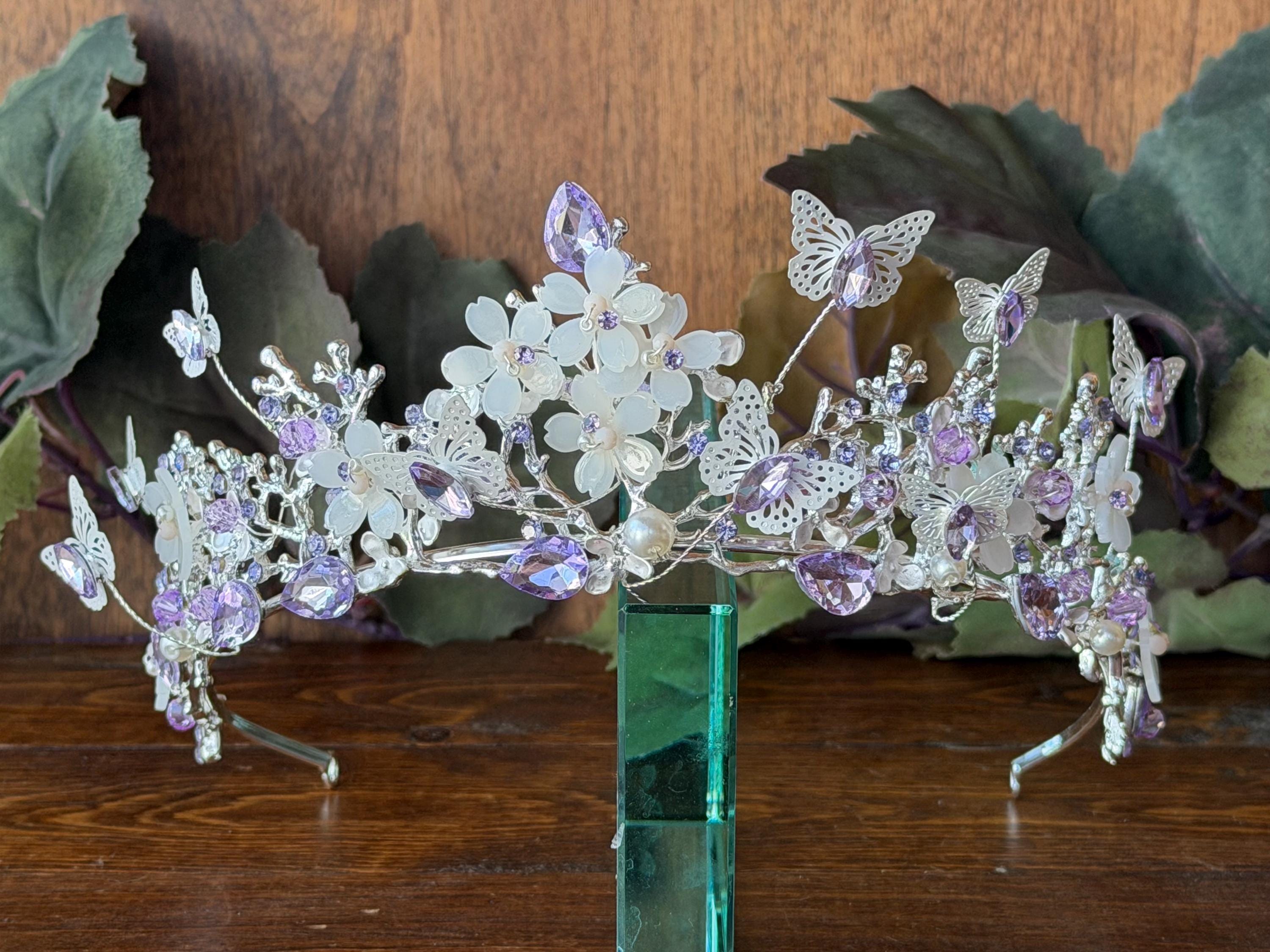 Large Floral Butterflies Tiara Crown for Quinceanera Silver/Purple Crystals Purple Butterfly Tiara - Etsy main image 3