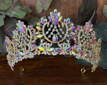 Iridescent & Gold Tiara for Quinceañera, Birthday Princess Pageants, Wedding, Royal Coronations, Proms