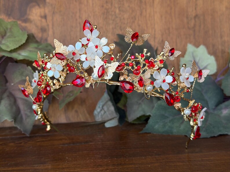 Red & Gold Butterfly Tiara: Quinceañera Enchanted Weddings, Birthday Princess Pageants Crowns, Proms bild 2