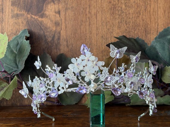 Lilac Butterfly on Silver Tiara for Quinceanera, Wedding  display picture 2