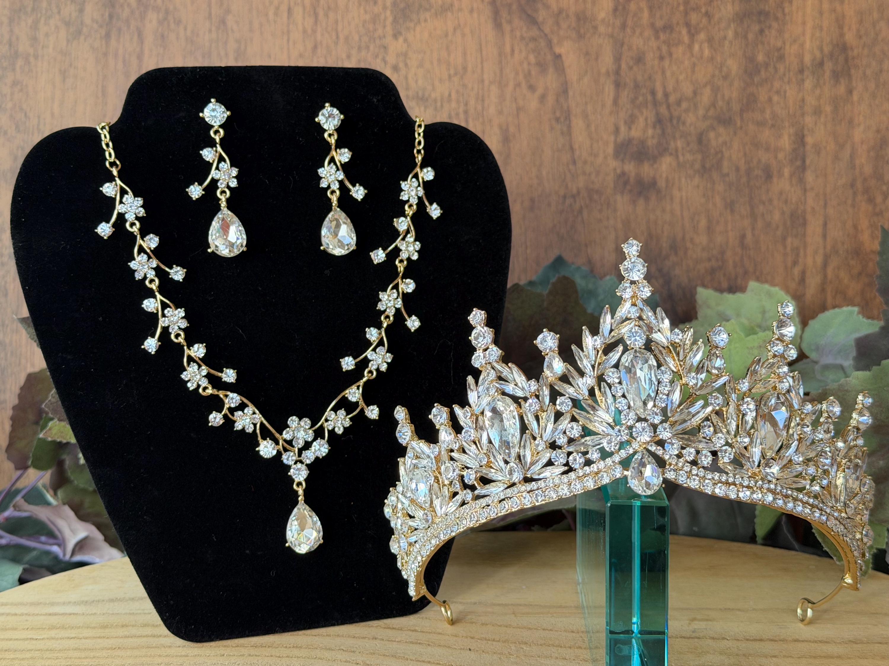 Gold Aurora Crystal Bridal Tiara, Necklace & Earring Set Aurora Luxury Bridal Tiara – Crystal Wedding Crown with Pear  main image 4