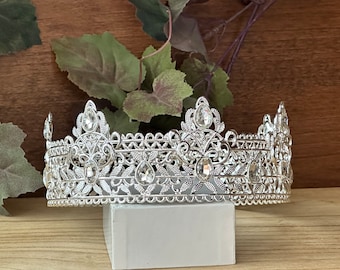 Silver Crystal Unisex Crown for Birthday, Garden Wedding, Medieval Royal Headpiece, Ren King