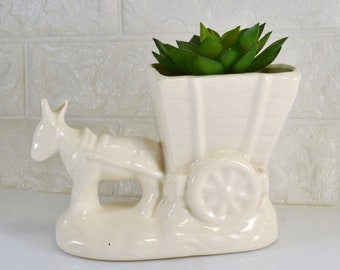 White Planter Donkey Pulling Cart Figural Pottery Vintage Cactus Succulent Plant Pot