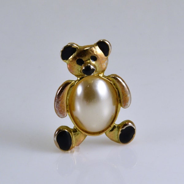 Teddy Bear Brooch Pin Jelly Belly Faux Pearl  Black Enamel Accents on Gold Tone Whimsical Fun Vintage Fashion