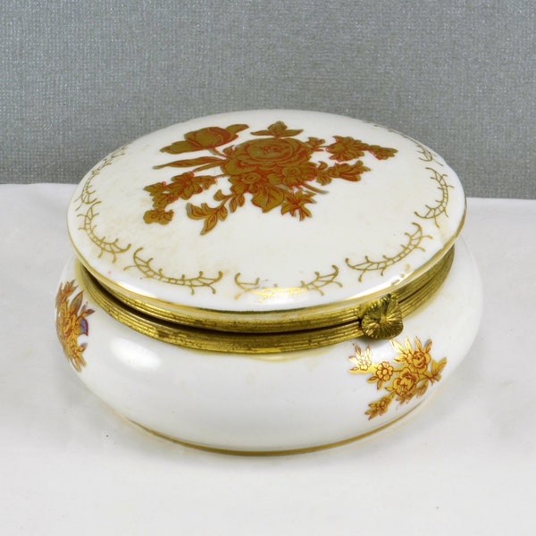 Hinged Trinket Jewelry Box Round Porcelain Gold Rose w/ Red Accent Design Vintage Made in Japan D 58 Inside Decorated