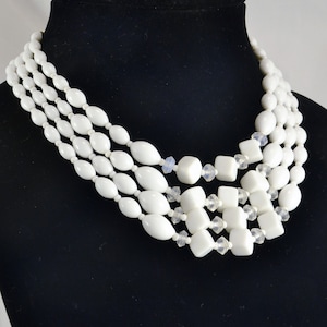 4 Strand White Glass Necklace Choker - Geometric Beads - Vintage Costume Milk Glass Necklace - Japan