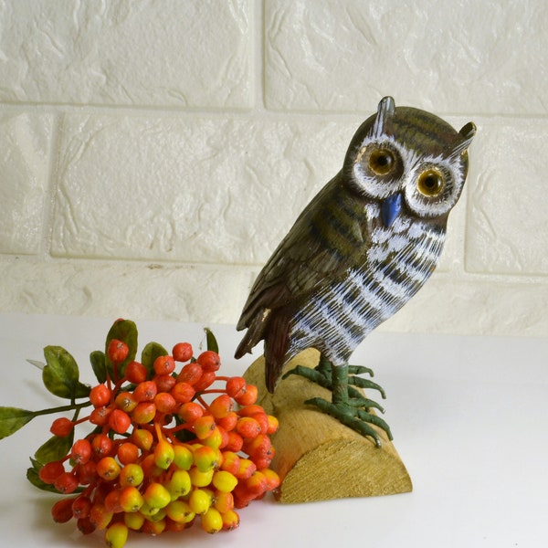 Carved Wood Owl Figurine Wire Legs Realistic Eyes Folk Art Bird Forest Creature of Wisdom
