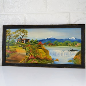 Oil Painting by C. ANTONE OEHLER Nu Artist Iowa City Iowa Cabin Mountains River Waterfall Fenced Path Cottage Cabin Lodge