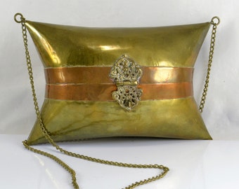 Brass Copper Pillow Purse Metal Clutch Handbag  Made in India, Blue Velvet lining, 1930'S Bohemian Hippie Chic Fashion Accent