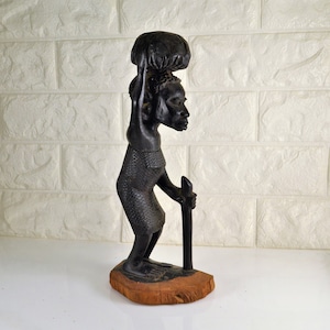 African Wood Carving Figure Statuette Carved in Kenya  Ebony Wood Staff Basket Vintage Africa