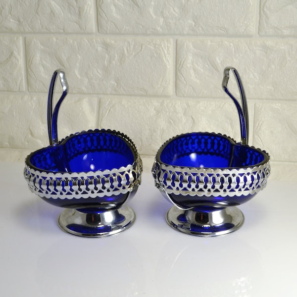 Cobalt Blue Bowls Heart Shaped Glass in Silver Tone Handled Basket Rare Find Candy Dishes Set of 2 Trinket Food Holder Relish Nut Dishes