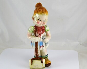 Figurine Cleaning Girl Maid Pottery Woman Girl w/ Carpet Sweeper  8.5 Inches Tall Kitsch