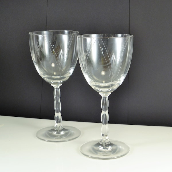 2 Water Goblets Fostoria Heraldry - Stem 6012 Cut Design Discontinued 1969 Vintage Elegant Glass Holiday Table Setting