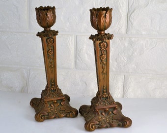 Art Nouveau Candlestick Pair Antique K & 0 Co Kronheim Oldenbusch Ornate Floral Tulip Bronze Colored Metal Antique