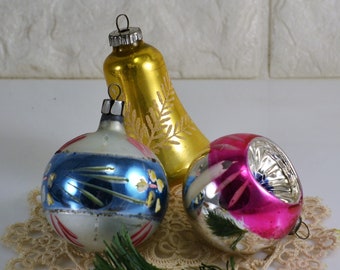 Mercury Glass Ornaments 3 Different 1 German Bell 1 Indent Sunburst 1 unknown Mid Century Retro