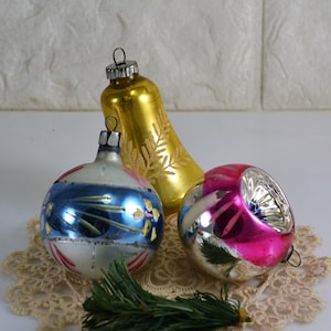 Mercury Glass Ornaments 3 Different 1 German Bell 1 Indent Sunburst 1 unknown Mid Century Retro