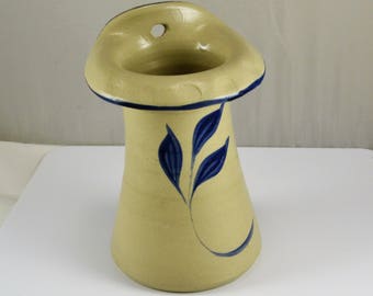 Williamsburg Stoneware Pottery Wall Pocket Match Holder or Vase - Cobalt Blue Leaf Design - Salt glaze