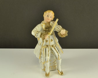 Dresden Lace Figurine Violin Player Seated Gold Trim Occupied Japan Colonial Victorian Renaissance Porcelain Fiddler