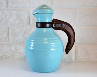 Pacific Pottery Carafe Pitcher w/ Lid 438 Aqua Turquoise Color Hostessware  Colorware Vintage 1930s Walnut Wood Handle California