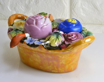 Salt Pepper Shaker Mustard Pot in Orange Lustre Ware Floral Basket Ceramic Tiny Spoon Vintage Japan Shabby Cottage Roses Daisy Violet