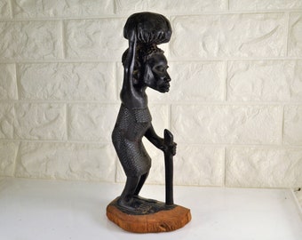 African Wood Carving Figure Statuette Carved in Kenya  Ebony Wood Staff Basket Vintage Africa