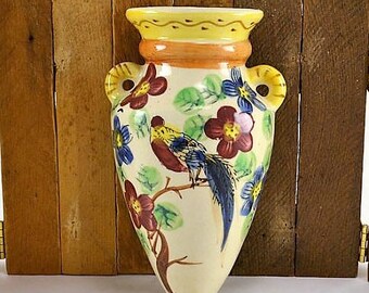 Wall Pocket Urn Shaped - Made in Japan - Pheasant and Flower Design Blue Yellow & Marsala