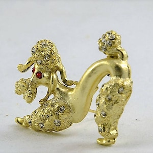 Rhinestone Poodle Brooch - Red Glass Eyes - Rhinestone Encrusted on Gold Tone 1960s French Poodle