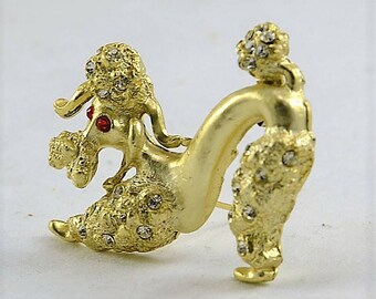 Rhinestone Poodle Brooch - Red Glass Eyes - Rhinestone Encrusted on Gold Tone 1960s French Poodle